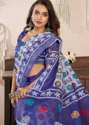white blue lilen print 1 minute ready to wear saree with unstitched blouse piece 3