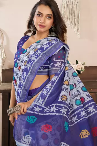 white blue lilen print 1 minute ready to wear saree with unstitched blouse piece