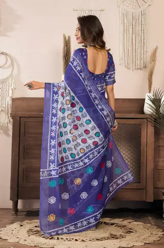white blue lilen print 1 minute ready to wear saree with unstitched blouse piece