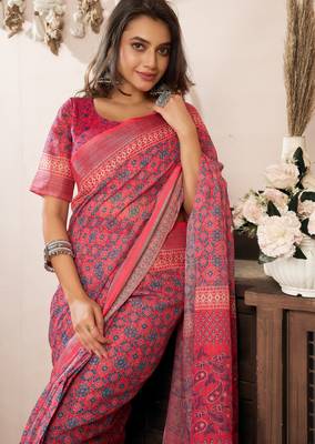 pink red lilen print 1 minute ready to wear saree with unstitched blouse piece 1