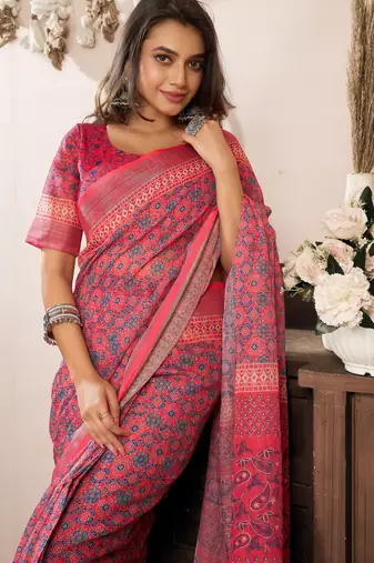 pink red lilen print 1 minute ready to wear saree with unstitched blouse piece