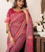 pink red lilen print 1 minute ready to wear saree with unstitched blouse piece