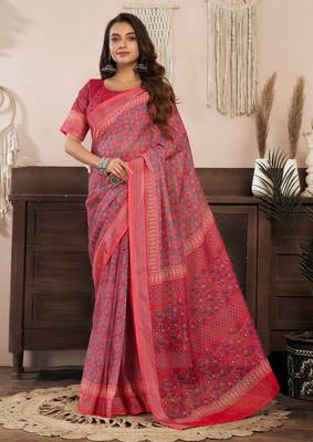 pink red lilen print 1 minute ready to wear saree with unstitched blouse piece 2