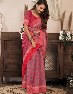pink red lilen print 1 minute ready to wear saree with unstitched blouse piece 3