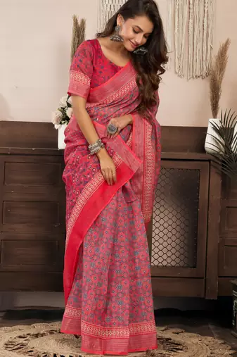 pink red lilen print 1 minute ready to wear saree with unstitched blouse piece