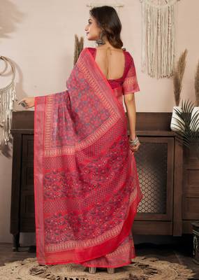 pink red lilen print 1 minute ready to wear saree with unstitched blouse piece 4