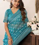 sky blue lilen print 1 minute ready to wear saree with unstitched blouse piece
