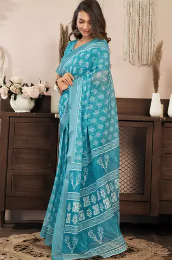 sky blue lilen print 1 minute ready to wear saree with unstitched blouse piece