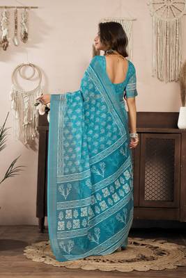 sky blue lilen print 1 minute ready to wear saree with unstitched blouse piece 4