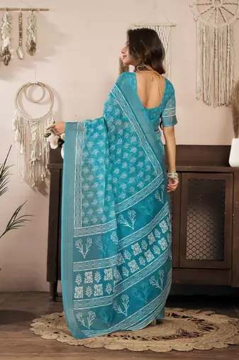 sky blue lilen print 1 minute ready to wear saree with unstitched blouse piece