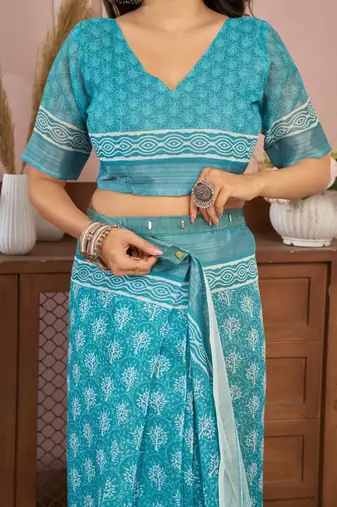 sky blue lilen print 1 minute ready to wear saree with unstitched blouse piece