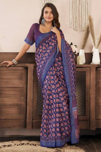 blue lilen print work designer party wear festive 1 minute ready to wear saree with unstitched blouse piece