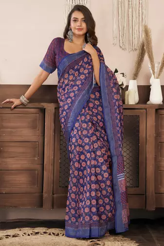 blue lilen print work designer party wear festive 1 minute ready to wear saree with unstitched blouse piece