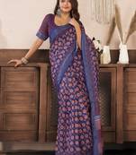blue lilen print 1 minute ready to wear saree with unstitched blouse piece