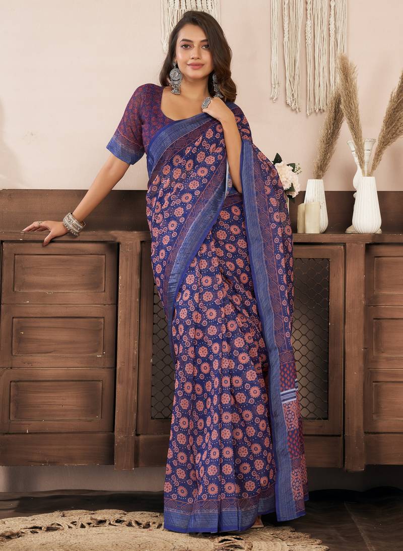 blue lilen print work designer party wear festive 1 minute ready to wear saree with unstitched blouse piece