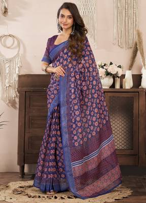 blue lilen print 1 minute ready to wear saree with unstitched blouse piece 3