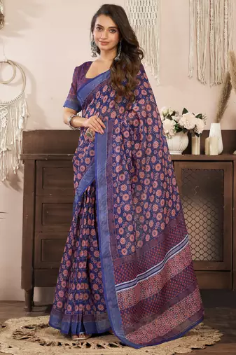 blue lilen print 1 minute ready to wear saree with unstitched blouse piece
