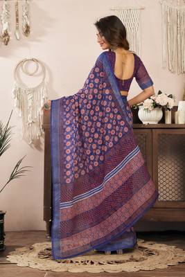 blue lilen print 1 minute ready to wear saree with unstitched blouse piece 4