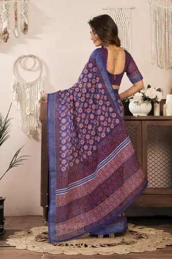 blue lilen print 1 minute ready to wear saree with unstitched blouse piece