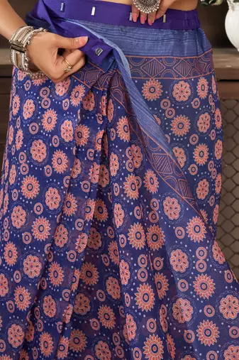blue lilen print 1 minute ready to wear saree with unstitched blouse piece
