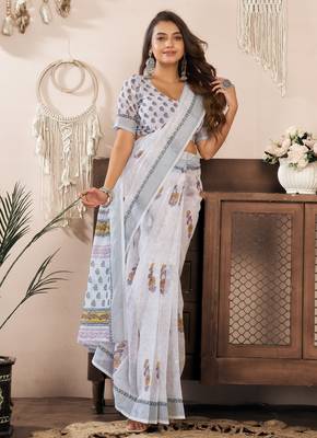 white lilen print 1 minute ready to wear saree with unstitched blouse piece 1