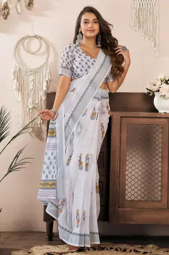 white lilen print 1 minute ready to wear saree with unstitched blouse piece
