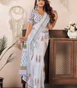 white lilen print 1 minute ready to wear saree with unstitched blouse piece