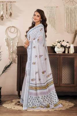 white lilen print 1 minute ready to wear saree with unstitched blouse piece 3