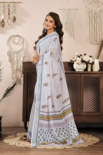 white lilen print 1 minute ready to wear saree with unstitched blouse piece