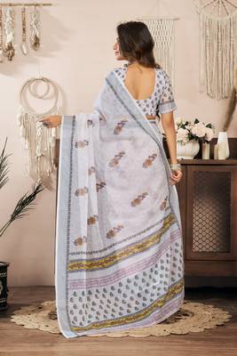 white lilen print 1 minute ready to wear saree with unstitched blouse piece 4