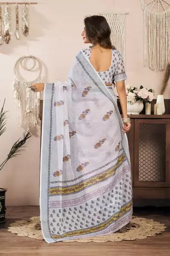 white lilen print 1 minute ready to wear saree with unstitched blouse piece