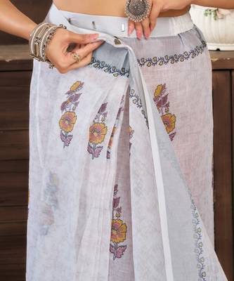white lilen print 1 minute ready to wear saree with unstitched blouse piece 5
