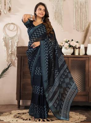 black lilen print 1 minute ready to wear saree with unstitched blouse piece 1