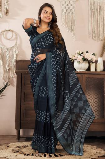 black lilen print work designer party wear festive 1 minute ready to wear saree with unstitched blouse piece