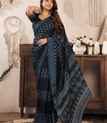 black lilen print 1 minute ready to wear saree with unstitched blouse piece
