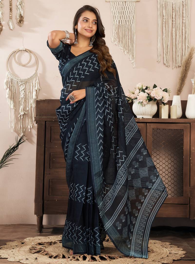 black lilen print work designer party wear festive 1 minute ready to wear saree with unstitched blouse piece