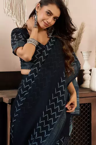 black lilen print 1 minute ready to wear saree with unstitched blouse piece