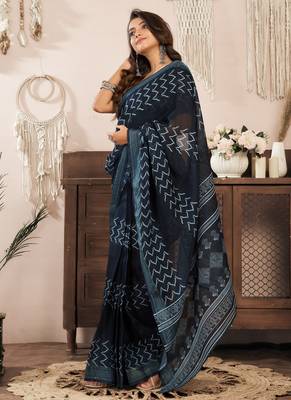 black lilen print 1 minute ready to wear saree with unstitched blouse piece 3
