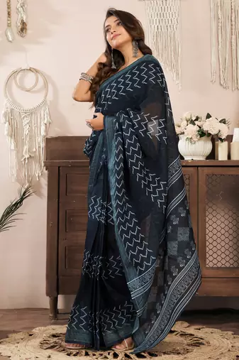 black lilen print 1 minute ready to wear saree with unstitched blouse piece