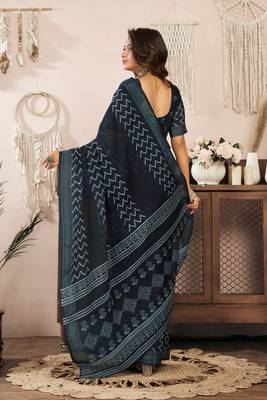 black lilen print 1 minute ready to wear saree with unstitched blouse piece 4