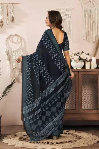 black lilen print 1 minute ready to wear saree with unstitched blouse piece