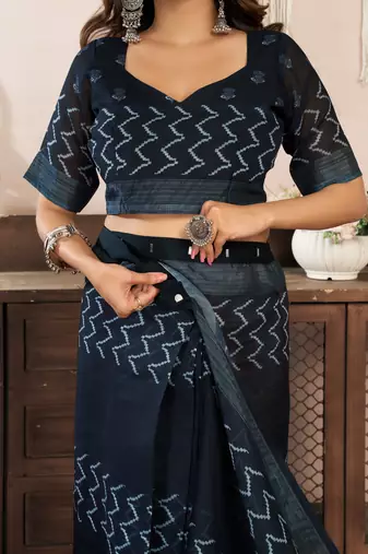 black lilen print 1 minute ready to wear saree with unstitched blouse piece