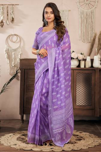 lavender lilen print work designer party wear festive 1 minute ready to wear saree with unstitched blouse piece