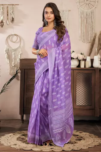 lavender lilen print 1 minute ready to wear saree with unstitched blouse piece