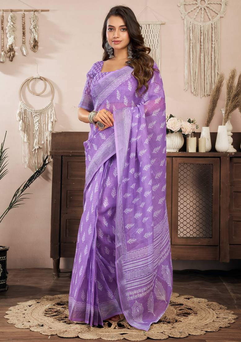 lavender lilen print work designer party wear festive 1 minute ready to wear saree with unstitched blouse piece