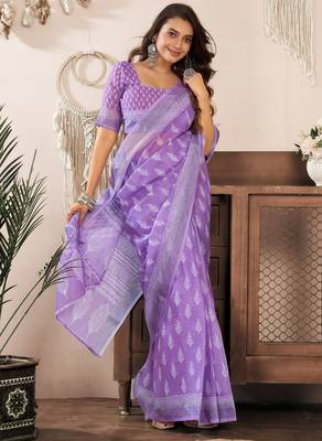lavender lilen print 1 minute ready to wear saree with unstitched blouse piece 3