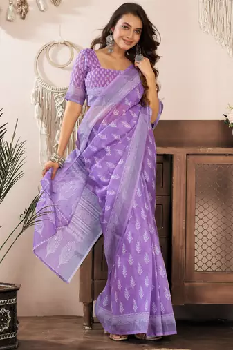 lavender lilen print 1 minute ready to wear saree with unstitched blouse piece