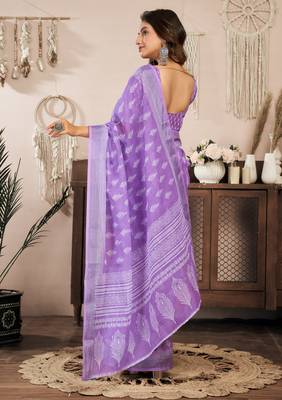lavender lilen print 1 minute ready to wear saree with unstitched blouse piece 4