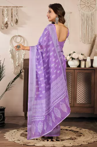 lavender lilen print 1 minute ready to wear saree with unstitched blouse piece