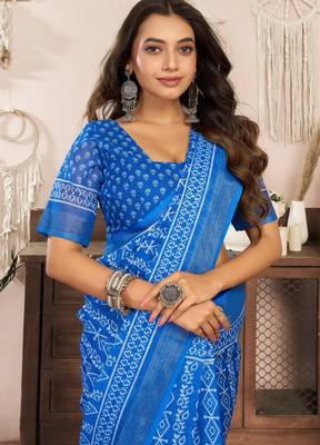 royal blue lilen print 1 minute ready to wear saree with unstitched blouse piece 1